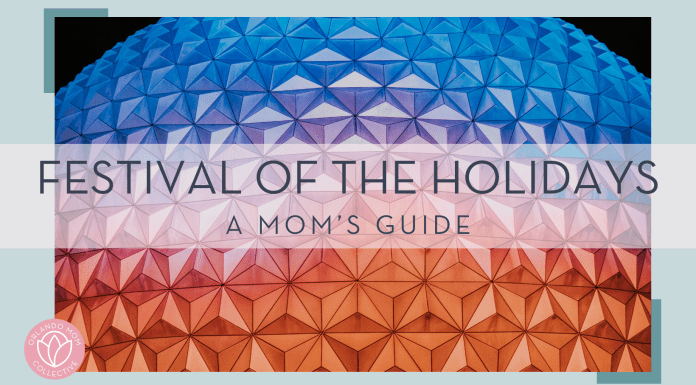 Benjamin suter via unsplash picture of spaceship earth against black sky lit up in orange, purple and blue with 'festival of the holidays a mom's guide' in text overtop