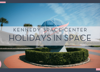 "ak" via unsplash - photo of NASA globe in front of Kennedy space center in Florida with 'Kennedy space center holidays in space' in text over top of the photo
