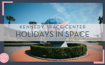 "ak" via unsplash - photo of NASA globe in front of Kennedy space center in Florida with 'Kennedy space center holidays in space' in text over top of the photo