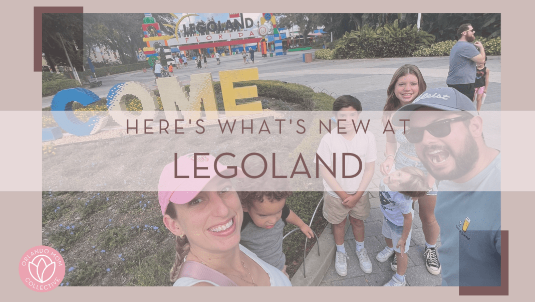 family of 6 outside Legoland florida with 'here's what is new at Legoland' in text in from of image