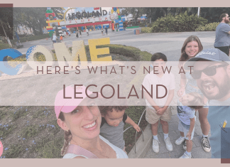family of 6 outside Legoland florida with 'here's what is new at Legoland' in text in from of image
