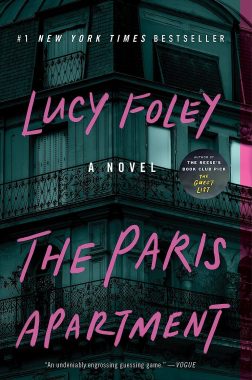 Book Cover of The Paris Apartment by Lucy Foley purple font with a three story building and balconies behind font.