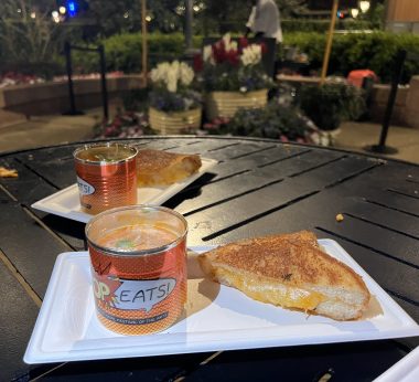 grilled cheese cut in a triangle and tomato soup in a can