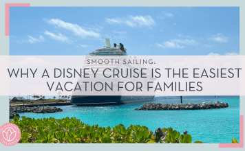 Photo of Disney Cruise Ship from the beach by Christina Carlisi with words ' Smooth Sailing: Why a Disney Cruise is the easiest vacation for families' over top of image