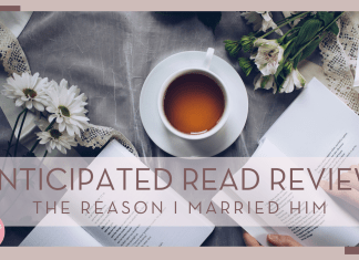 thought catalog via unsplash image of two open books, flowers and a cup of tea on a saucer with 'anticipated read review the reason I married him' in text over top