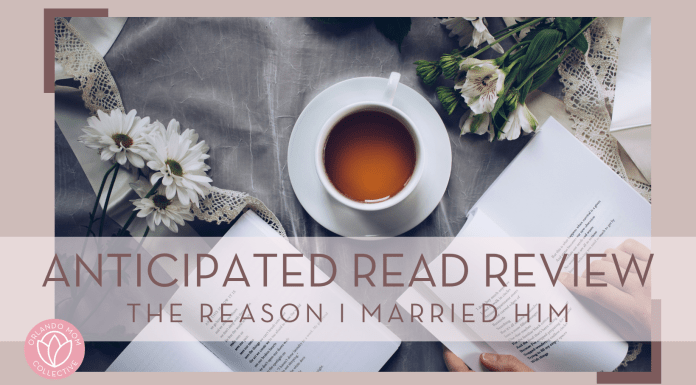 thought catalog via unsplash image of two open books, flowers and a cup of tea on a saucer with 'anticipated read review the reason I married him' in text over top