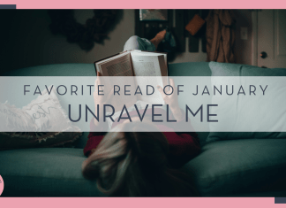 matias north via unsplash image of a woman laying on a couch reading a book with 'favorite read of January Unravel Me' in text over top