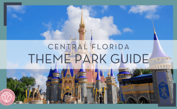 Brian Mcgowan via unsplash photo of cinderella castle with blue sky and clouds behind and words 'Central Florida theme park guide' in text on top of picture