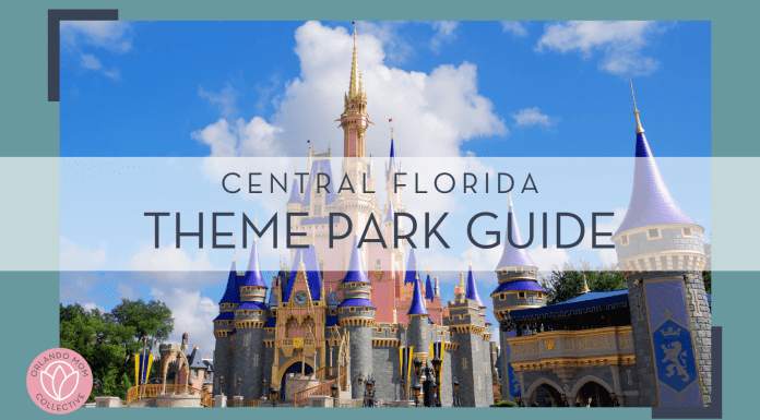 Brian Mcgowan via unsplash photo of cinderella castle with blue sky and clouds behind and words 'Central Florida theme park guide' in text on top of picture