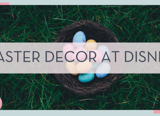 Easter eggs in a nest on grass with words 'easter decor at disney'