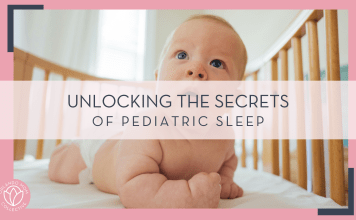 Paul Hanaoka via unsplash photo of baby in crib up on elbows with text 'unlocking the secrets to pediatric sleep' over top of photo