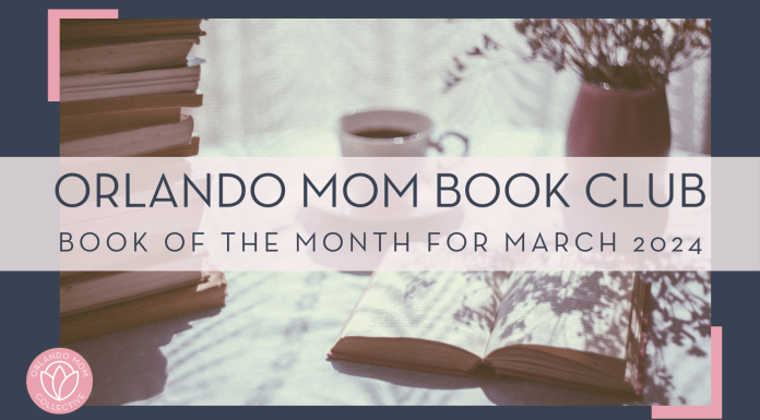 Freestocks via unsplace image of stack of books, coffee mug, open book, and flowers in a vase on a table with words 'Orlando Mom book club book of the month for march 2024' over top