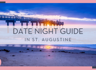 walk way over the water with the setting sun behind it with words ' date night guide in st. augustine' in text atop of it