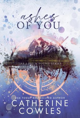 Ashes of You by Catherine Cowles book cover, photo from amazon. White to purple ombre behind mountain and compass.