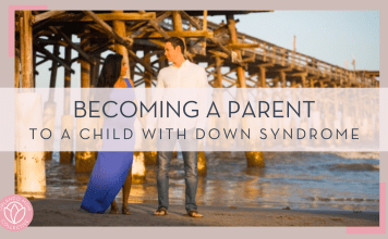 a pregnant mom in blue dress with man in jeans and white shirt next to her in front of a wooden bridge and water with 'becoming a parent to a child with Down syndrome' in text on top of photo