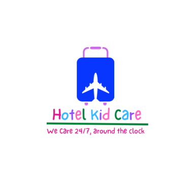 Hotel Kid Care, We care 24/7, around the clock in multicolors with blue square and white airplane outline