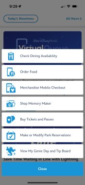 disney experience app with menu selected