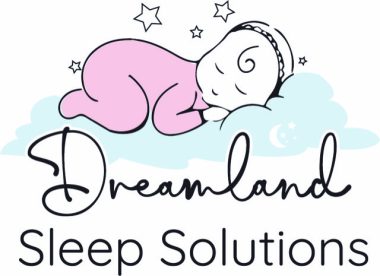 graphic of a baby sleeping on a cloud with the words Dreamland Sleep Solutions, for pediatric sleep