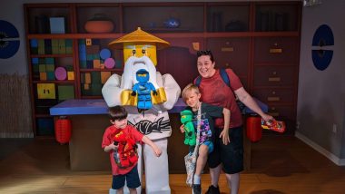 mom and two boys meeting one lego man character