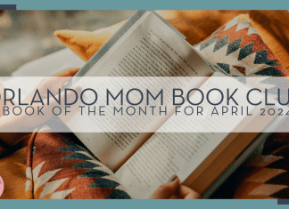 Clay Banks via Unsplash image of open book on a diamond patterned blanket with words 'orlando mom book club book of the month for April 2024' over top of it.