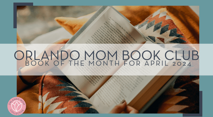 Clay Banks via Unsplash image of open book on a diamond patterned blanket with words 'orlando mom book club book of the month for April 2024' over top of it.