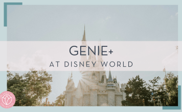 Cinderella Castle from the side with sin shining over the edge with words 'Genie+ at Disney World' over top