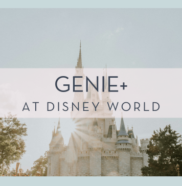 Cinderella Castle from the side with sin shining over the edge with words 'Genie+ at Disney World' over top