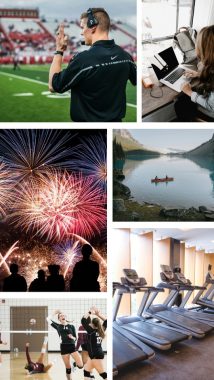 collage of 6 photos. a football coach with field behind him, a woman studying at a computer, fireworks with people at bottom, two people in a canoe on a lake, a volleyball team celebrating and treadmills