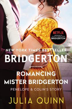 Romancing Mr. Bridgerton book cover with woman in yellow dress with hand on a man in a tux