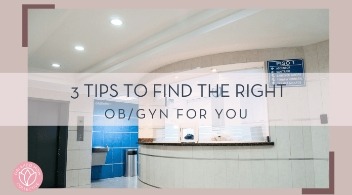 Martha Dominguez via unsplash picture of hospital desk with words ' 3 tips to find the right OB/GYN for you'