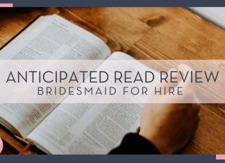 Priscilla Du Preez via unsplash picture of open book on wood table top with hands beside pages with words 'anticipated read review bridesmaid for hire'