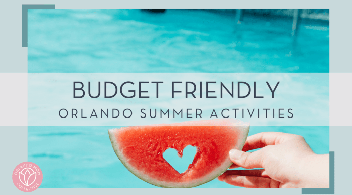 kenta kikuchi via unsplash picture of watermelon slice with heart cut out held by a hand in front of a pool with words 'budget friendly orlando summer activities' over top