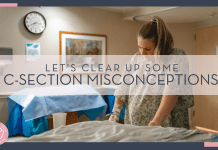 Jimmy Conniver via Unsplash image of woman in hospital gown holding onto bed with clock and picture behind her and words 'let's clear up some c-section misconceptions' overtop