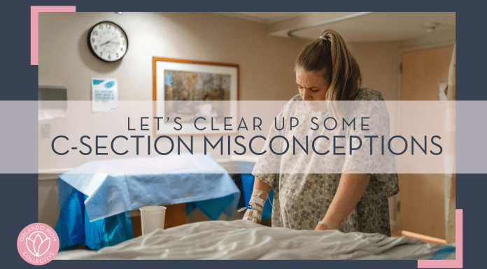 Jimmy Conniver via Unsplash image of woman in hospital gown holding onto bed with clock and picture behind her and words 'let's clear up some c-section misconceptions' overtop