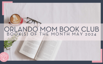 sincerely-media via unsplash photo of open book, glasses, latte and plant on white background with words 'Orlando Mom book club book(s) of the month may 2024" overtop