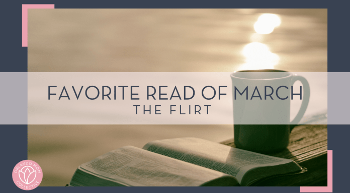 Aaron Burden via unsplash photo of a mug and open book on a railing in front of water with 'favorite read of march the flirt' in front of photo