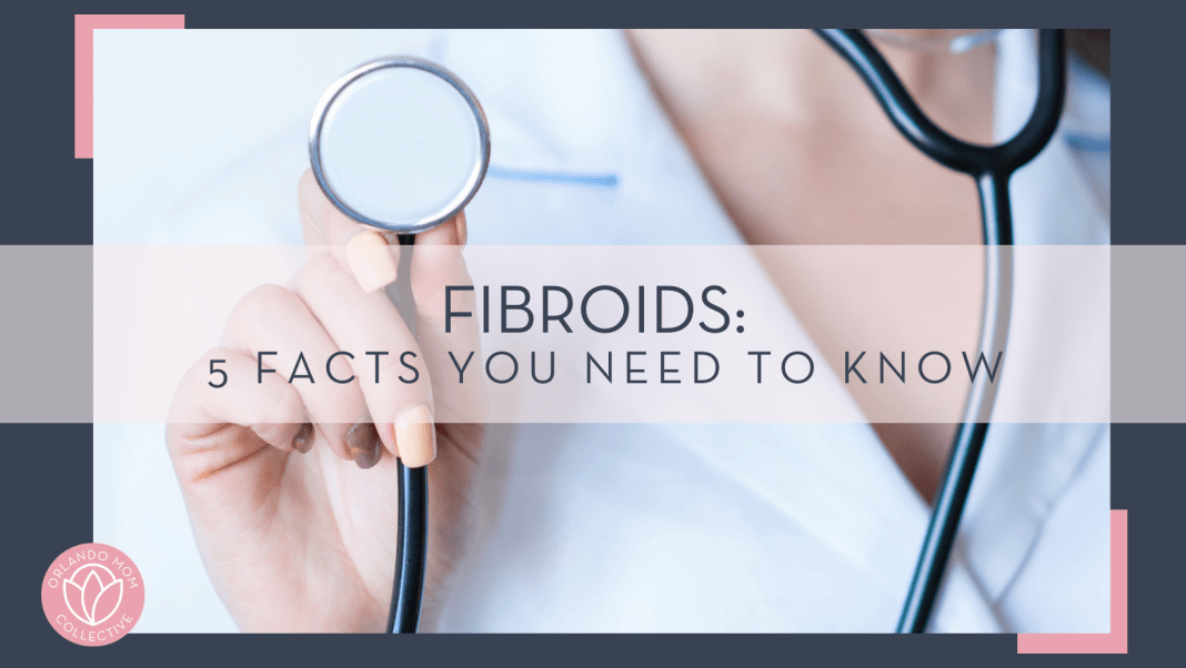 Alexandr Podvalny via unsplash phot of woman in lab coat holding up stethoscope with words 'Fibroids: 5 Facts You Need to Know'