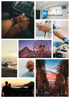 collage of 9 photos - man and woman holding hands in car, hospital waiting room, woman typing on her phone, man preforming ultrasound, car on the beach, Disneyland ferris wheel at night, redheaded woman with back to camera, man and woman on the balcony and Hollywood sign at end of street lined with palm trees.