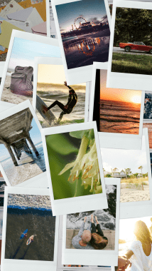Photos from Unsplash, collage template from Canva. Pictures of envelopes, ferris wheel on pier at nigh, classic red car, backpack, surfer, sunset over ocean, water under a pier, honeysuckle, house on the beach, two surfers from the sky, couple above water, man and woman sitting on the beach.